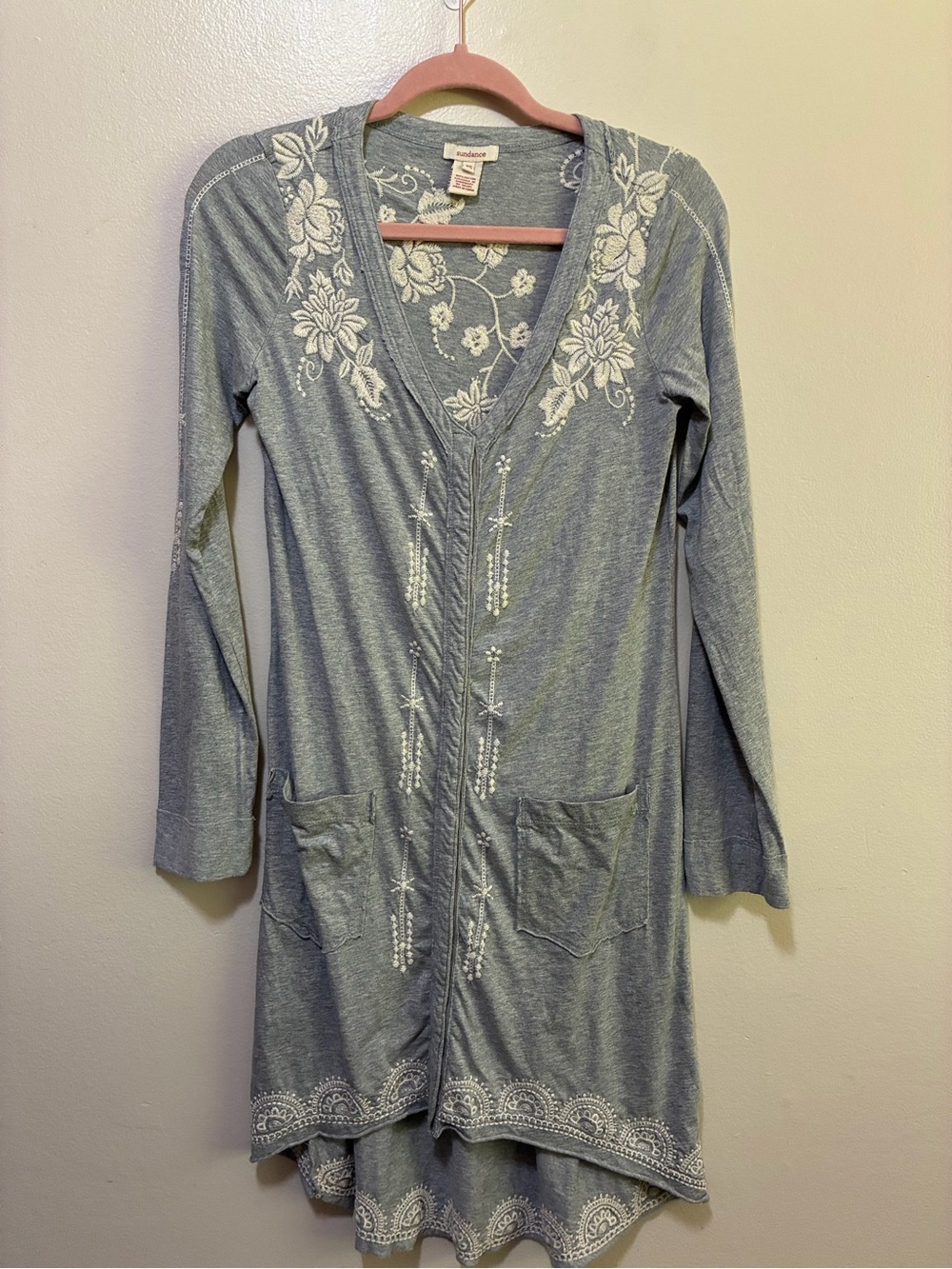 Sundance  Margot Hi-Lo Embroidered Long Tunic Cardigan grey cotton knit size xs